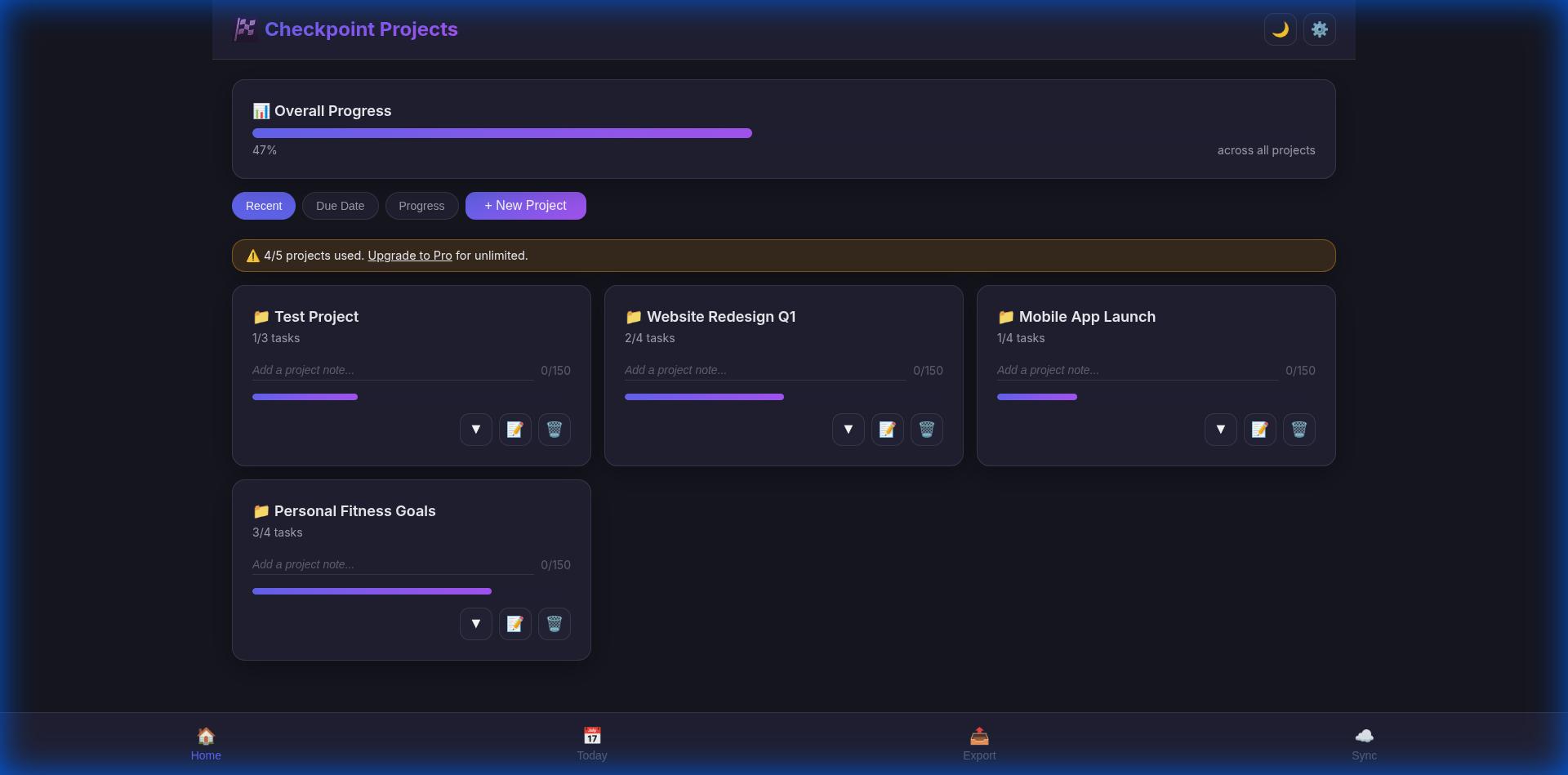 Dashboard with projects and animated progress bars